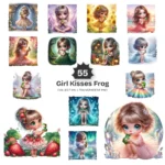 Girl Kisses Frog PNG Clipart Collection - 55 PNG, Cute Frog Graphics, Adorable Little Girl Printables, Commercial use, Digital download