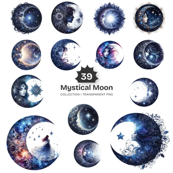 Mystical Moon PNG Clipart Collection - 39 PNG, Celestial Moon Graphics, Night Sky Printables, Commercial use, Digital download
