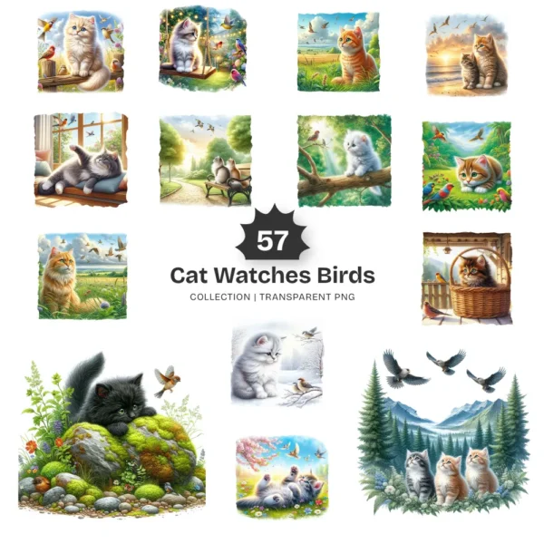 Cat Watches Birds PNG Clipart Collection - 57 PNG, Adorable Cat Graphics, Animal Lover Printables, Commercial use, Digital download