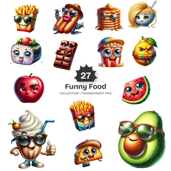 Funny Food PNG Clipart Collection - 27 PNG, Playful Food Graphics, Hilarious and Charming Food Printables, Commercial use, Digital download