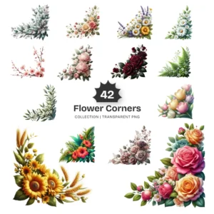 Flowers Corners PNG Clipart Collection - 42 PNG, Colorful Floral Graphics, Wedding Flower Printables, Commercial use, Digital download
