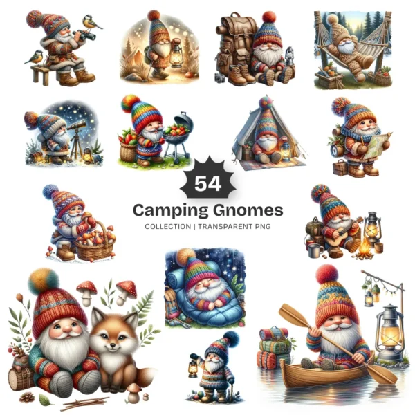 Camping Gnome PNG Clipart Collection - 54 PNG, Outdoor Adventure Graphics, Whimsical Phases Printables, Commercial use, Digital download