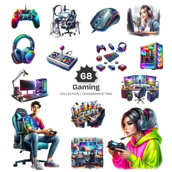 Gaming PNG Clipart Collection - 68 PNG, Gamer Graphics, Gaming Characters, Vibrant Video Game Printables, Commercial use, Digital download