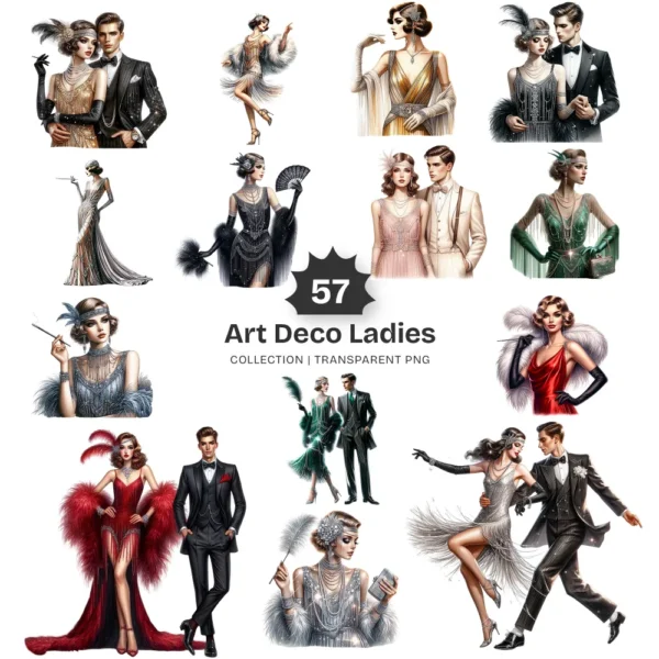 Art Deco Ladies PNG Clipart Collection - 57 PNG, Glamorous Attire Graphics, 1920s Fashion Printables, Commercial use, Digital download
