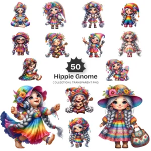Hippie Gnome PNG Clipart Collection - 50 PNG, Whimsical Gnome Graphics, Boho Floral Printables, Commercial use, Digital download