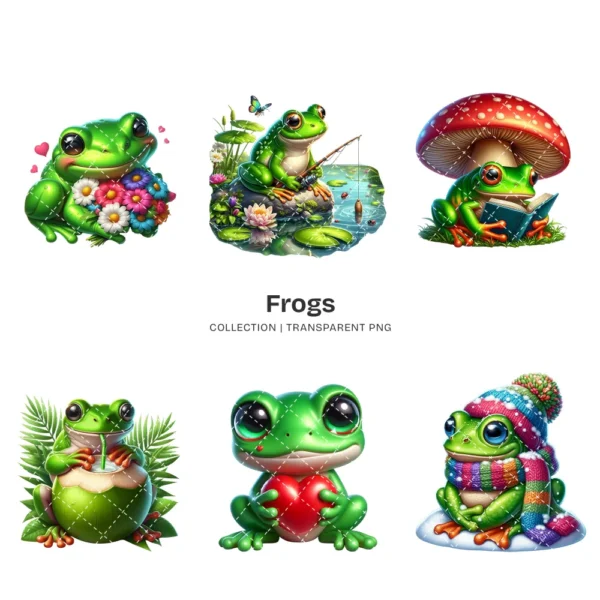 Cute Frogs PNG Clipart Collection - 49 PNG, Frog Pond Graphics, Fantasy Animals, Cute Nursery Printables, Commercial use, Digital download