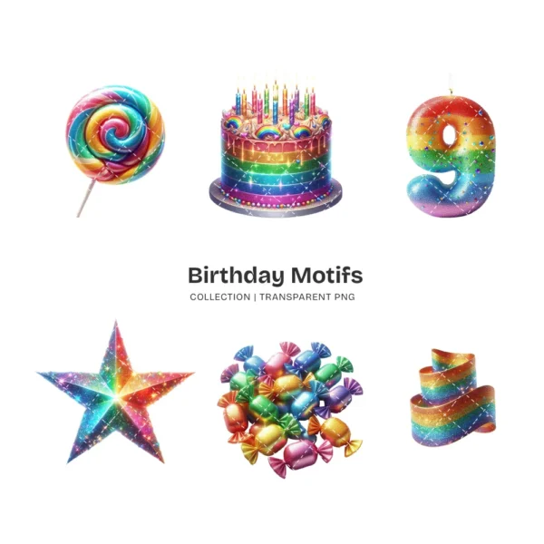 Birthday Motifs PNG Clipart Collection - 70 PNG, Cute Birthday Graphics, Joy Celebration Printables, Commercial use, Digital download