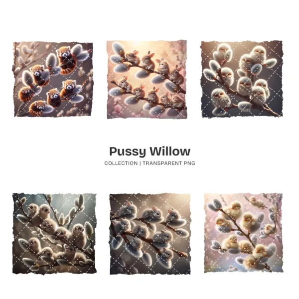Pussy Willow With Animal PNG Clipart Collection - 35 PNG, Kitten Graphics, Mice, Bunny, Fluffy Printables, Commercial use, Digital download