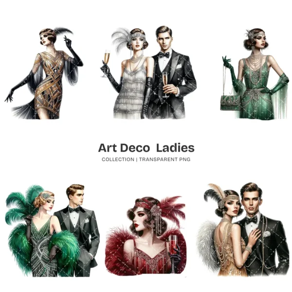 Art Deco Ladies PNG Clipart Collection - 57 PNG, Glamorous Attire Graphics, 1920s Fashion Printables, Commercial use, Digital download