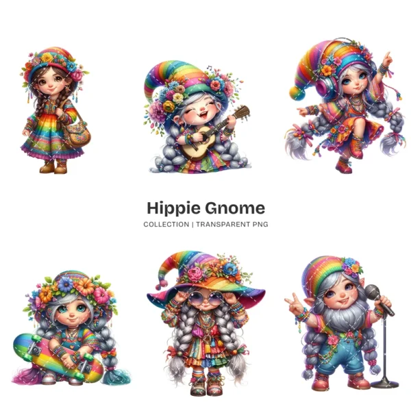 Hippie Gnome PNG Clipart Collection - 50 PNG, Whimsical Gnome Graphics, Boho Floral Printables, Commercial use, Digital download