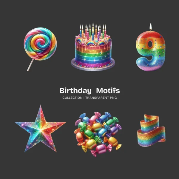 Birthday Motifs PNG Clipart Collection - 70 PNG, Cute Birthday Graphics, Joy Celebration Printables, Commercial use, Digital download
