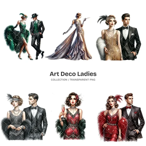 Art Deco Ladies PNG Clipart Collection - 57 PNG, Glamorous Attire Graphics, 1920s Fashion Printables, Commercial use, Digital download