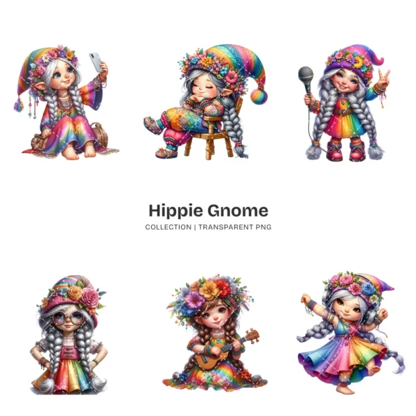 Hippie Gnome PNG Clipart Collection - 50 PNG, Whimsical Gnome Graphics, Boho Floral Printables, Commercial use, Digital download