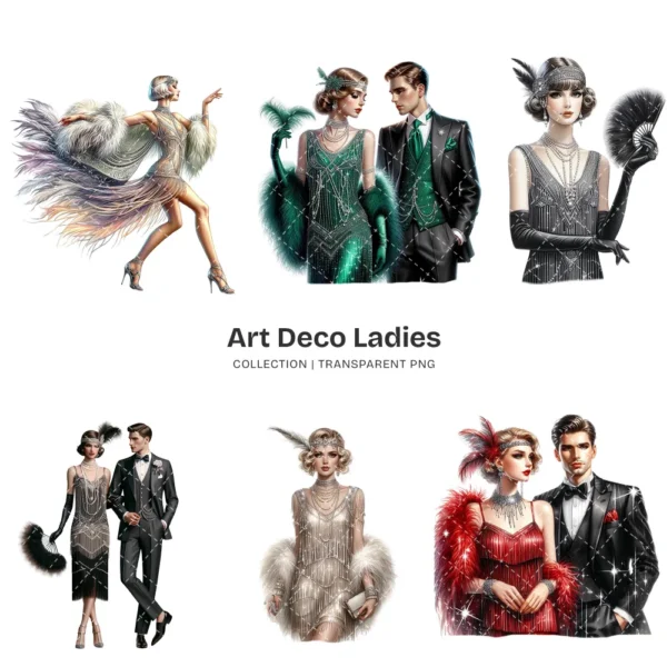 Art Deco Ladies PNG Clipart Collection - 57 PNG, Glamorous Attire Graphics, 1920s Fashion Printables, Commercial use, Digital download