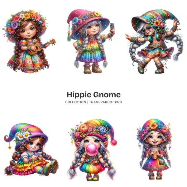 Hippie Gnome PNG Clipart Collection - 50 PNG, Whimsical Gnome Graphics, Boho Floral Printables, Commercial use, Digital download