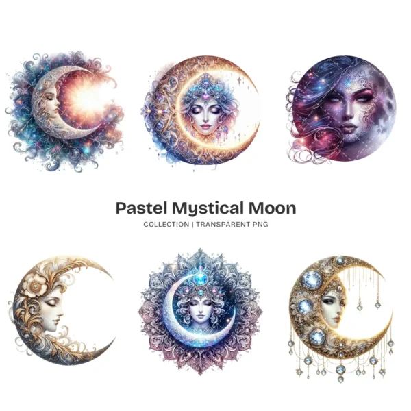 Pastel Mystical Moon PNG Clipart Collection - 38 PNG, Celestial Moon Graphics, Night Sky Printables, Commercial use, Digital download