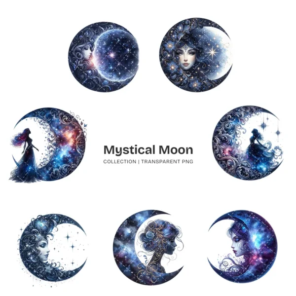 Mystical Moon PNG Clipart Collection - 39 PNG, Celestial Moon Graphics, Night Sky Printables, Commercial use, Digital download