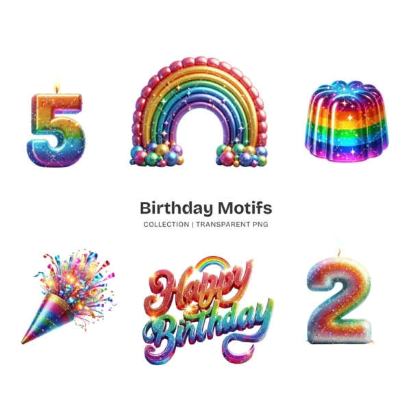 Birthday Motifs PNG Clipart Collection - 70 PNG, Cute Birthday Graphics, Joy Celebration Printables, Commercial use, Digital download