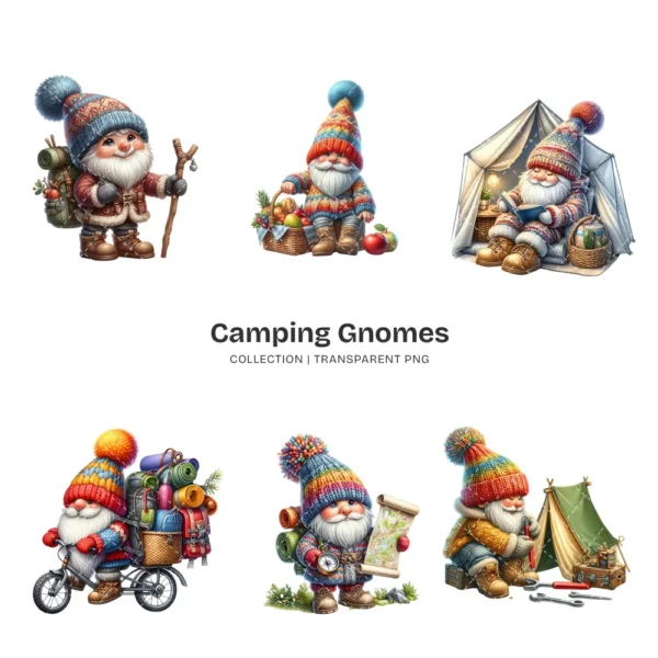 Camping Gnome PNG Clipart Collection - 54 PNG, Outdoor Adventure Graphics, Whimsical Phases Printables, Commercial use, Digital download