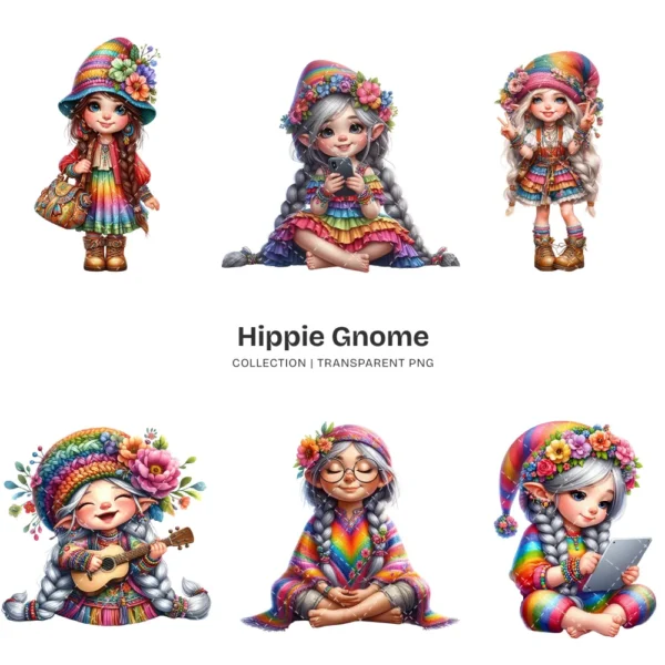 Hippie Gnome PNG Clipart Collection - 50 PNG, Whimsical Gnome Graphics, Boho Floral Printables, Commercial use, Digital download