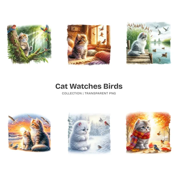 Cat Watches Birds PNG Clipart Collection - 57 PNG, Adorable Cat Graphics, Animal Lover Printables, Commercial use, Digital download