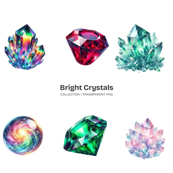 Bright Crystals PNG Clipart Collection - 72 PNG, Vibrant Gemstone Graphics, Glowing Crystals Printables, Commercial use, Digital download