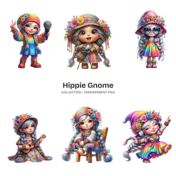 Hippie Gnome PNG Clipart Collection - 50 PNG, Whimsical Gnome Graphics, Boho Floral Printables, Commercial use, Digital download