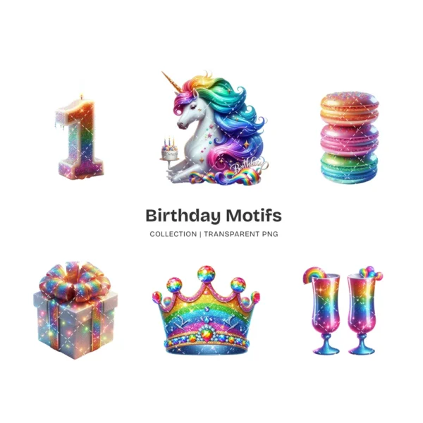 Birthday Motifs PNG Clipart Collection - 70 PNG, Cute Birthday Graphics, Joy Celebration Printables, Commercial use, Digital download