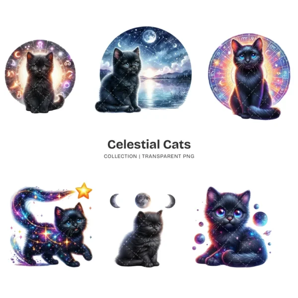 Celestial Cats PNG Clipart Collection - 71 PNG, Mystical Kitten Graphics, Enchanting, Astrology Printables, Commercial use, Digital download