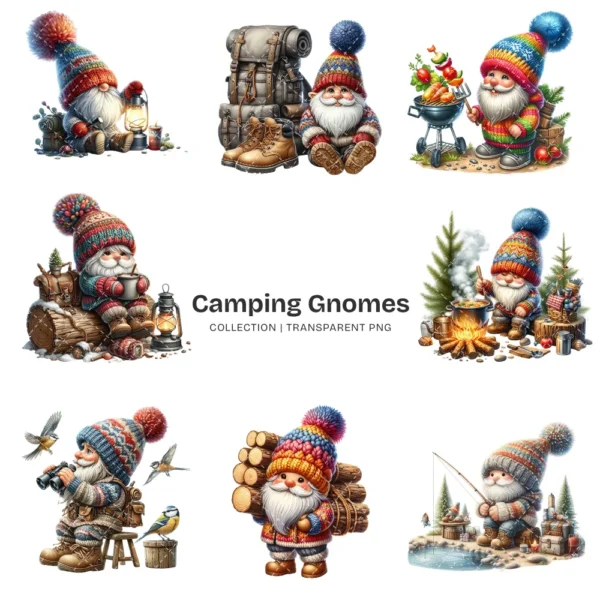 Camping Gnome PNG Clipart Collection - 54 PNG, Outdoor Adventure Graphics, Whimsical Phases Printables, Commercial use, Digital download
