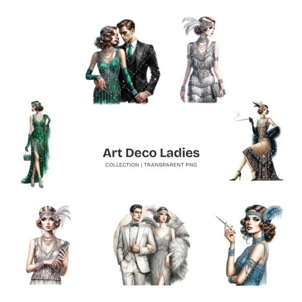 Art Deco Ladies PNG Clipart Collection - 57 PNG, Glamorous Attire Graphics, 1920s Fashion Printables, Commercial use, Digital download