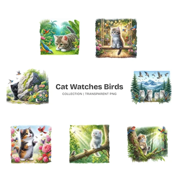 Cat Watches Birds PNG Clipart Collection - 57 PNG, Adorable Cat Graphics, Animal Lover Printables, Commercial use, Digital download