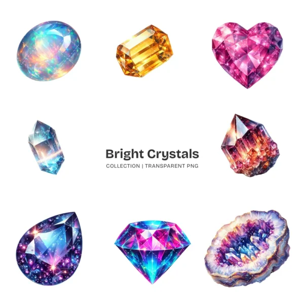 Bright Crystals PNG Clipart Collection - 72 PNG, Vibrant Gemstone Graphics, Glowing Crystals Printables, Commercial use, Digital download