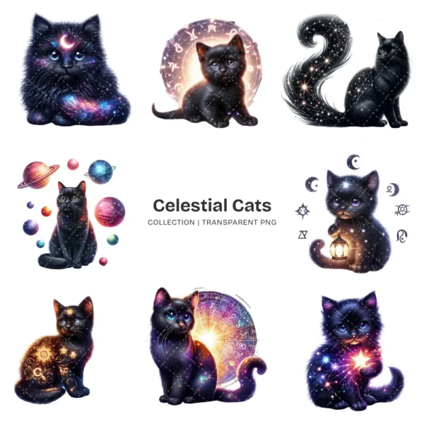 Celestial Cats PNG Clipart Collection - 71 PNG, Mystical Kitten Graphics, Enchanting, Astrology Printables, Commercial use, Digital download