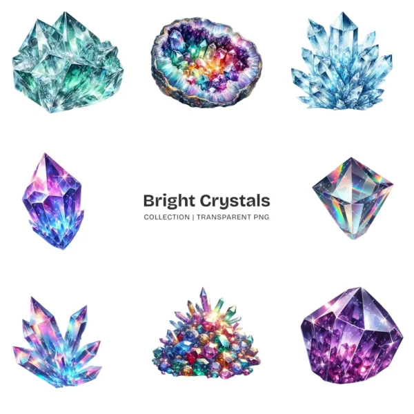 Bright Crystals PNG Clipart Collection - 72 PNG, Vibrant Gemstone Graphics, Glowing Crystals Printables, Commercial use, Digital download
