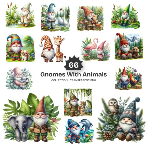 Gnomes With Animals PNG Clipart Collection - 66 PNG, Cute Gnomes Graphics, Forest PNG, Animals Printables, Commercial use, Digital download