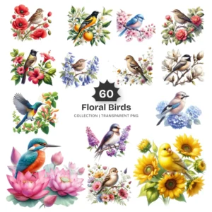Floral Birds PNG Clipart Collection - 60 PNG, Spring Birds Graphics, Birds On Branch, Blossom Printables, Commercial use, Digital download