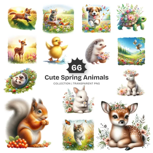 Cute Spring Animals PNG Clipart Collection - 66 PNG, Baby Animals Graphics, Pastel Nursery Printables, Commercial use, Digital download