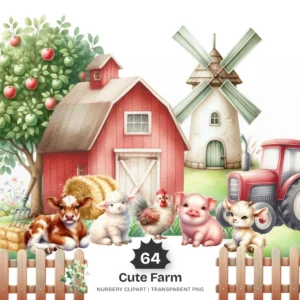 Cute Farm Friends Nursery PNG Clipart - 64 PNG, Farm Animals Graphics, Nursery, Barnyard Printables, Commercial use, Digital download