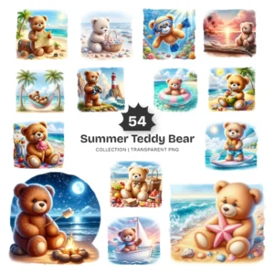 Summer Teddy Bear PNG Clipart Collection - 54 PNG, Coastal Teddy Bear Graphics, Tropical Printables, Commercial use, Digital download