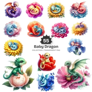Baby Dragon PNG Clipart Collection - 55 PNG, Floral Cute Dragon Graphics, Sleeping Creature Printables, Commercial use, Digital download