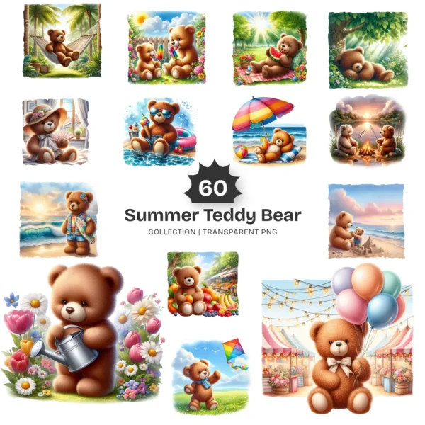 Summer Teddy Bear PNG Clipart Collection (P2) - 60 PNG, Coastal Teddy Bear Graphics, Tropical Printables, Commercial use, Digital download
