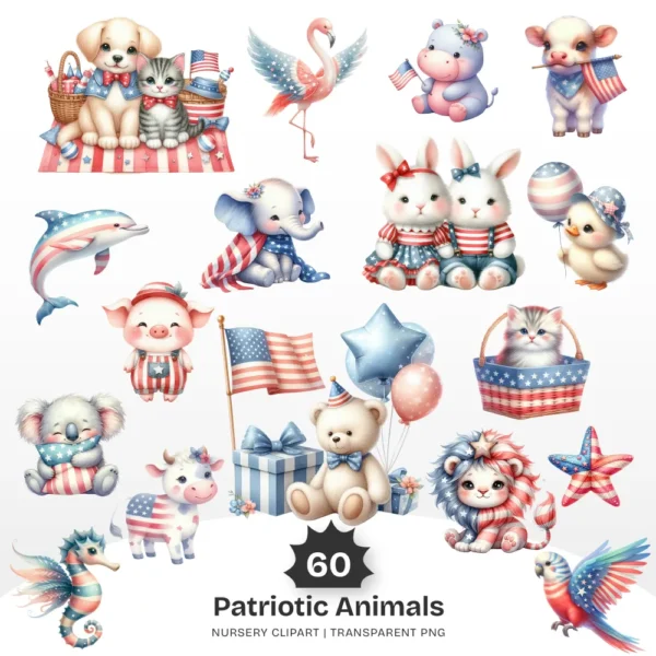 Patriotic Animals Nursery PNG Clipart - 60 PNG, 4th of July Graphics, Independence Day Printables, Commercial use, Digital download