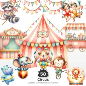Circus Nursery PNG Clipart - 58 PNG, Carnival Graphics, Circus Animal, Joker, Circus Tent, Clown Printables, Commercial use, Digital download