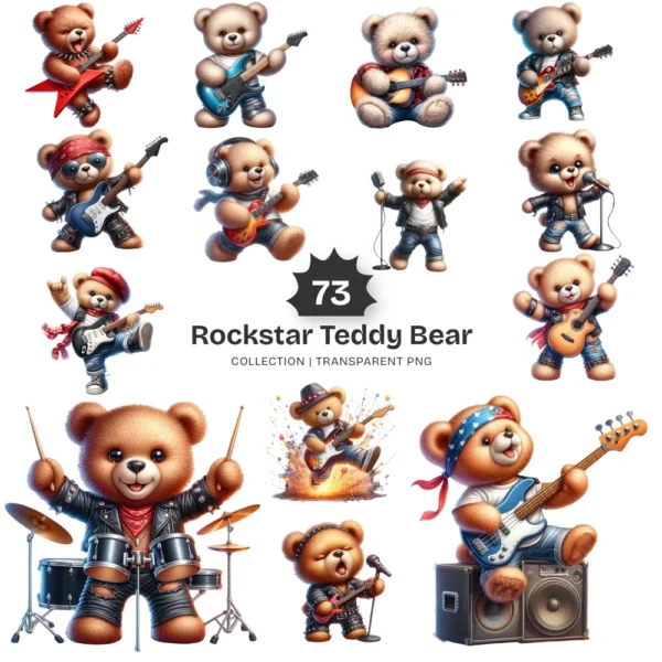 Rockstar Teddy Bear PNG Clipart Collection - 73 PNG, Fluffy Teddy Bear Graphics, Singing Bear Printables, Commercial use,Digital download
