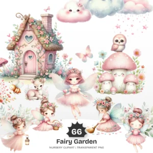 Fairy Garden Nursery PNG Clipart - 66 PNG, Little Pink Fairies Graphics, First Birthday Party Printables, Commercial use, Digital download