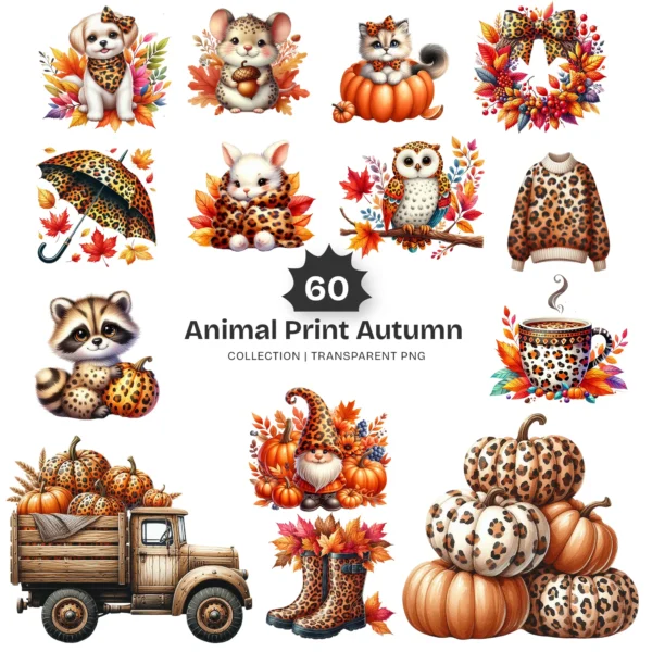 Animal Print Autumn PNG Clipart Collection - 60 PNG, Fall Fashion Graphics, Woodland Autumn Printables, Commercial use, Digital download