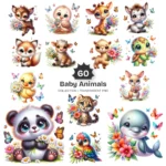 Baby Animals PNG Clipart Collection - 60 PNG, Safari Animal Graphics, Floral Baby Animal, Forest Printables, Commercial use,Digital download