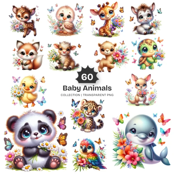 Baby Animals PNG Clipart Collection - 60 PNG, Safari Animal Graphics, Floral Baby Animal, Forest Printables, Commercial use,Digital download