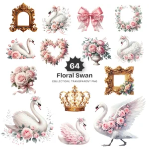 Swan PNG Clipart Collection - 64 PNG, Floral Swan Graphics, Girls Birthday Art, Baby Shower Printables, Commercial use, Digital download